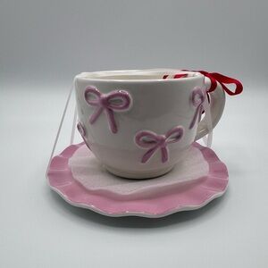 Pink Bow Ceramic Teacup and Saucer Set